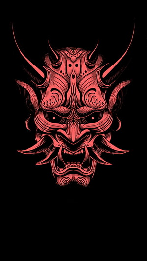 Red Japanese Oni Demon Mask with Horns and Fanged Mouth on Black Background HD phone wallpaper