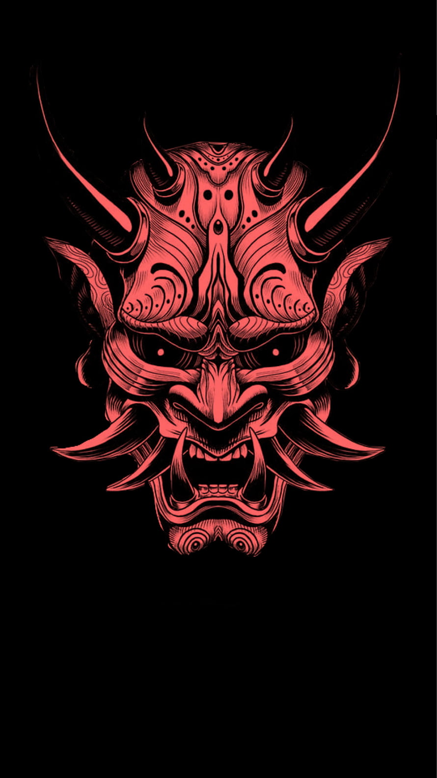 Red Japanese Oni Demon Mask with Horns and Fanged Mouth on Black Background HD phone wallpaper