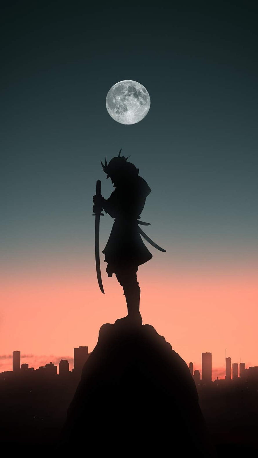 Samurai Silhouette Standing on Cliff Under Full Moon with City Skyline HD phone wallpaper