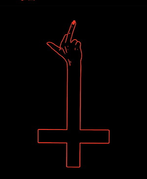 Red Neon Line Art of a Hand Making a Sign on a Cross Against Black Background HD phone wallpaper
