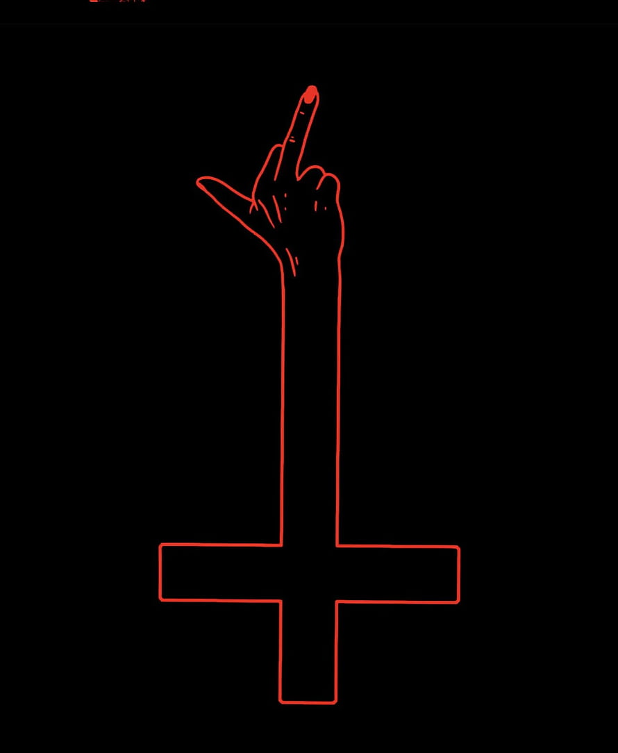 Red Neon Line Art of a Hand Making a Sign on a Cross Against Black Background HD phone wallpaper