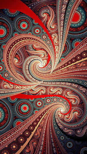 Intricate Fractal Art with Swirling Paisley Motifs and Vibrant Red Teal Palette HD phone wallpaper