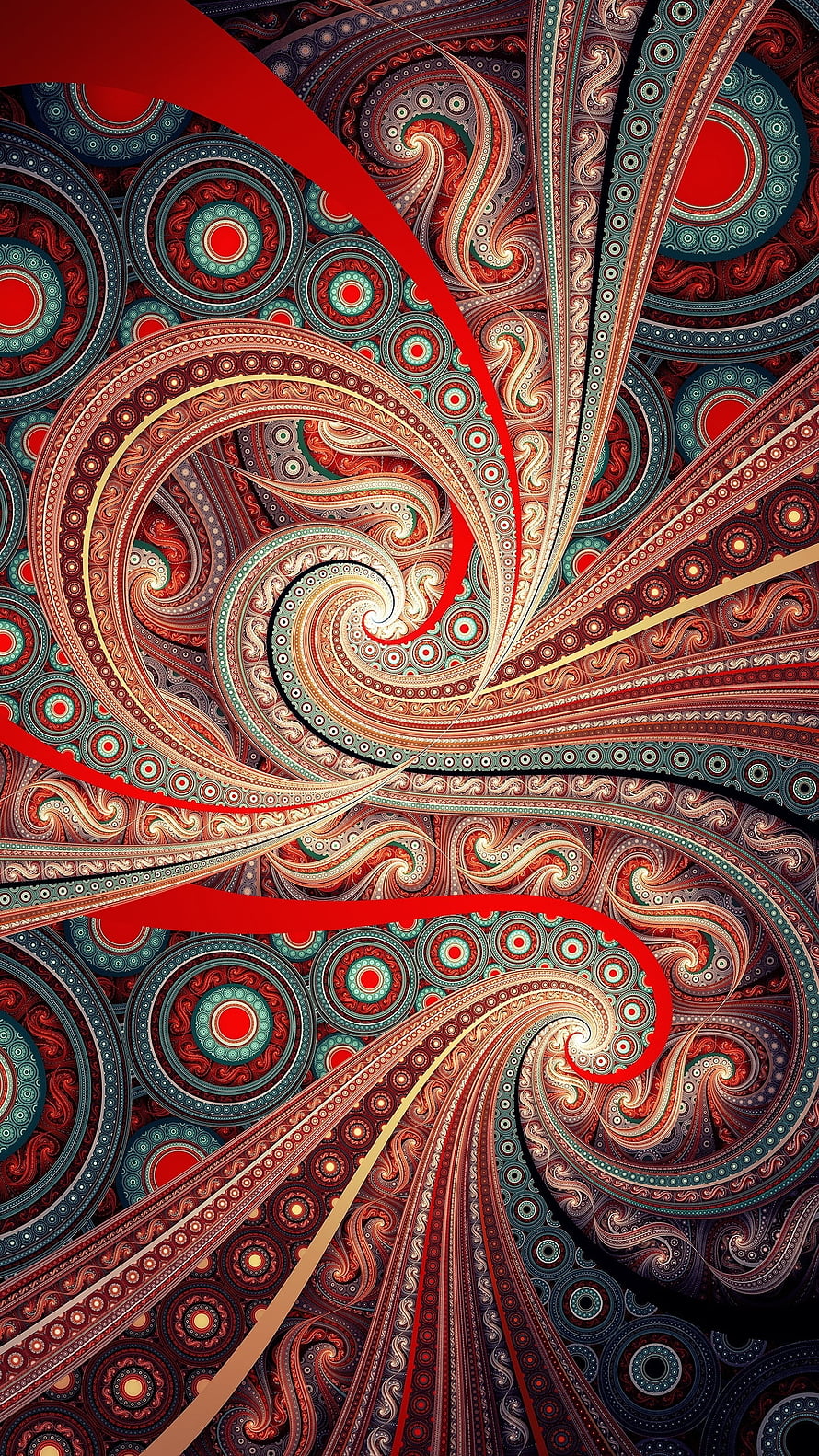 Intricate Fractal Art with Swirling Paisley Motifs and Vibrant Red Teal Palette HD phone wallpaper