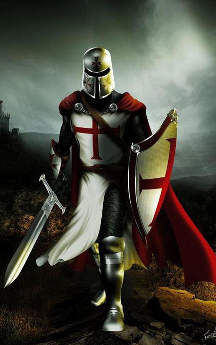 Crusader Knight in Full Armor with Sword and Shield on a Dark Battlefield HD phone wallpaper