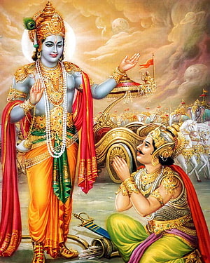 Lord Krishna and Arjuna in the Chariot: Bhagavad Gita Divine Teaching Scene HD phone wallpaper