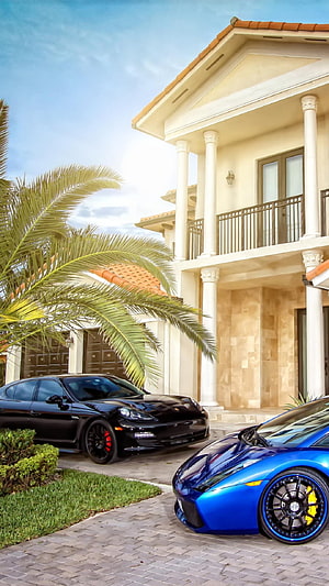 Luxury Mediterranean Mansion With Exotic Sports Cars In Driveway HD phone wallpaper
