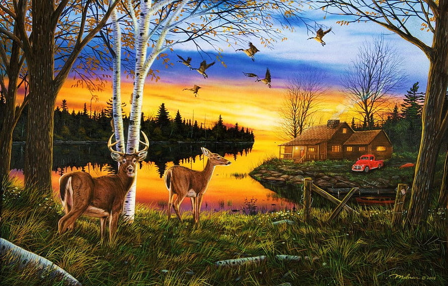 Rustic Lakeside Cabin at Golden Hour with White-Tailed Deer and Migrating Geese HD wallpaper