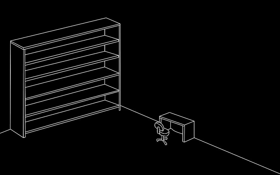 Minimalist Office Furniture Blueprint with Bookshelf and Desk on Black Background HD wallpaper