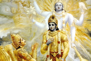 Lord Krishna and Arjuna Divine Encounter in Golden Radiance HD wallpaper