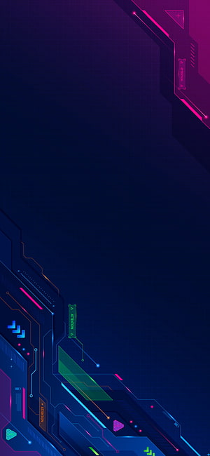 Neon Cyberpunk Circuit Board Interface with Glowing Tech Elements on Dark Blue Grid HD phone wallpaper