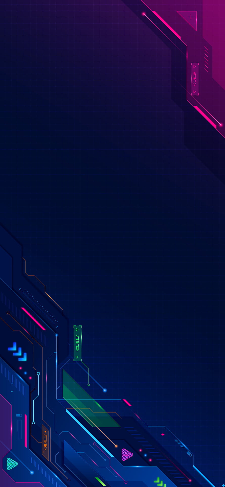 Neon Cyberpunk Circuit Board Interface with Glowing Tech Elements on Dark Blue Grid HD phone wallpaper