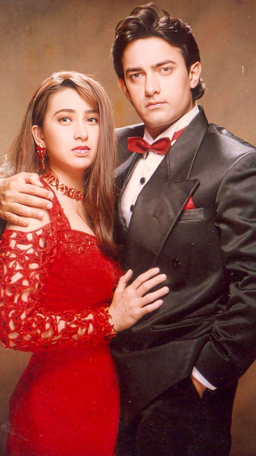Raja Hindustani Bollywood Movie Poster Featuring Karishma Kapoor and Aamir Khan in Formal Attire HD phone wallpaper