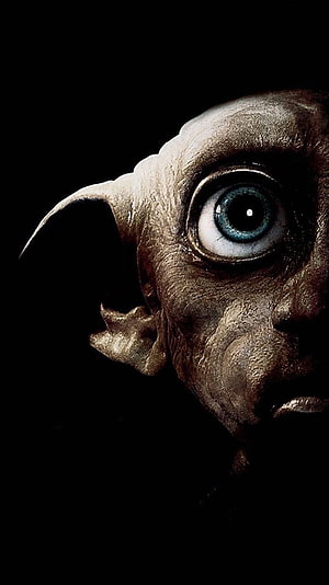 Dobby the House Elf Close-Up Portrait from Harry Potter with Intense Blue Eye on Black Background HD phone wallpaper