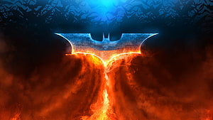Batman Logo Glowing with Fire and Smoke Against Dark Background HD wallpaper