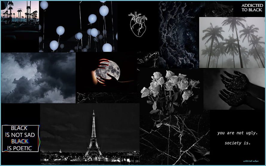 Dark Aesthetic Collage Featuring Black Roses, Eiffel Tower, and Moody Night Scenes HD wallpaper