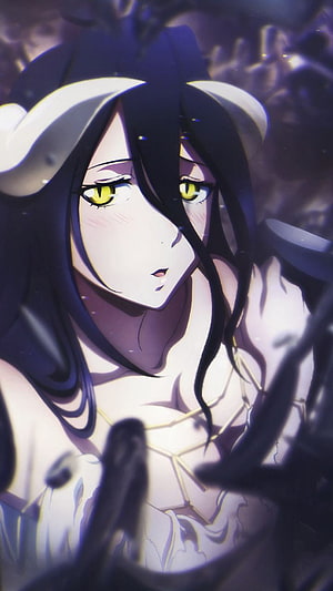 Albedo from Overlord Anime Character Portrait with Dark Horns and Golden Eyes HD phone wallpaper