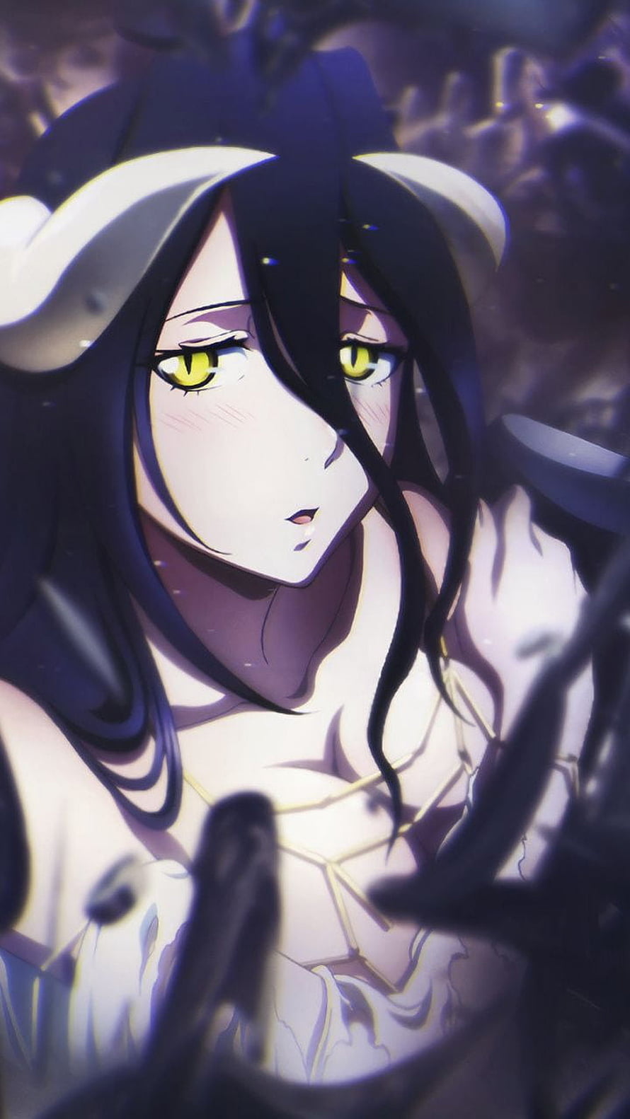Albedo from Overlord Anime Character Portrait with Dark Horns and Golden Eyes HD phone wallpaper