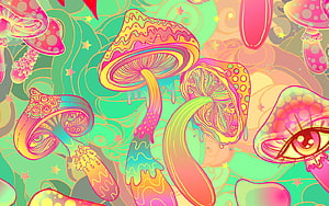 Psychedelic Mushroom Forest Illustration with Vibrant Pastel Colors and Trippy Patterns HD wallpaper