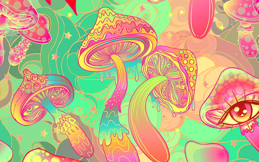 Psychedelic Mushroom Forest Illustration with Vibrant Pastel Colors and Trippy Patterns HD wallpaper