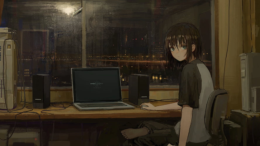 Anime Girl at Desk with Laptop and Tower PCs in Dim Room at Night HD wallpaper