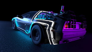 Back To The Future DeLorean Time Machine with Neon Glow and Cyberpunk Lighting HD wallpaper