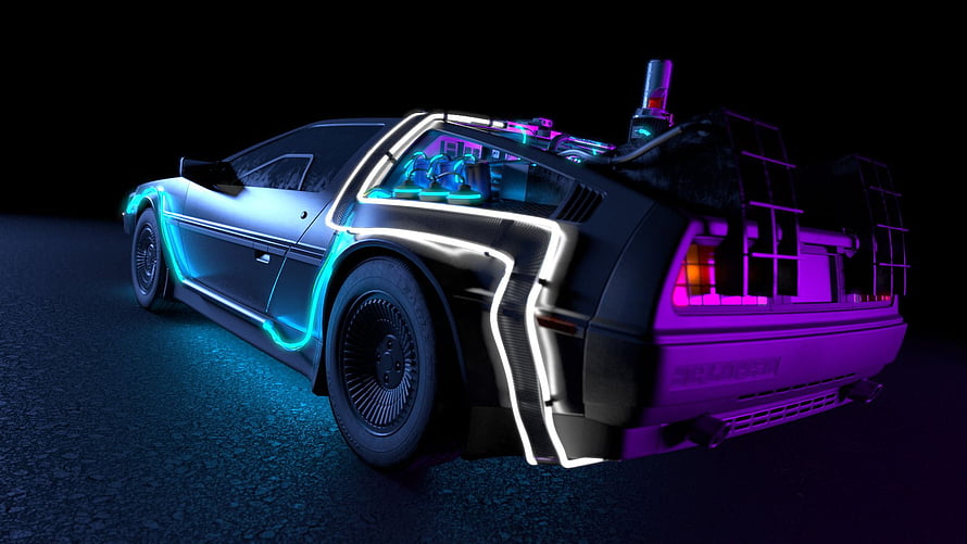 Back To The Future DeLorean Time Machine with Neon Glow and Cyberpunk Lighting HD wallpaper