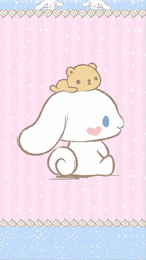 Cinnamoroll with a small bear on its head in a soft pastel pink and blue kawaii illustration HD phone wallpaper