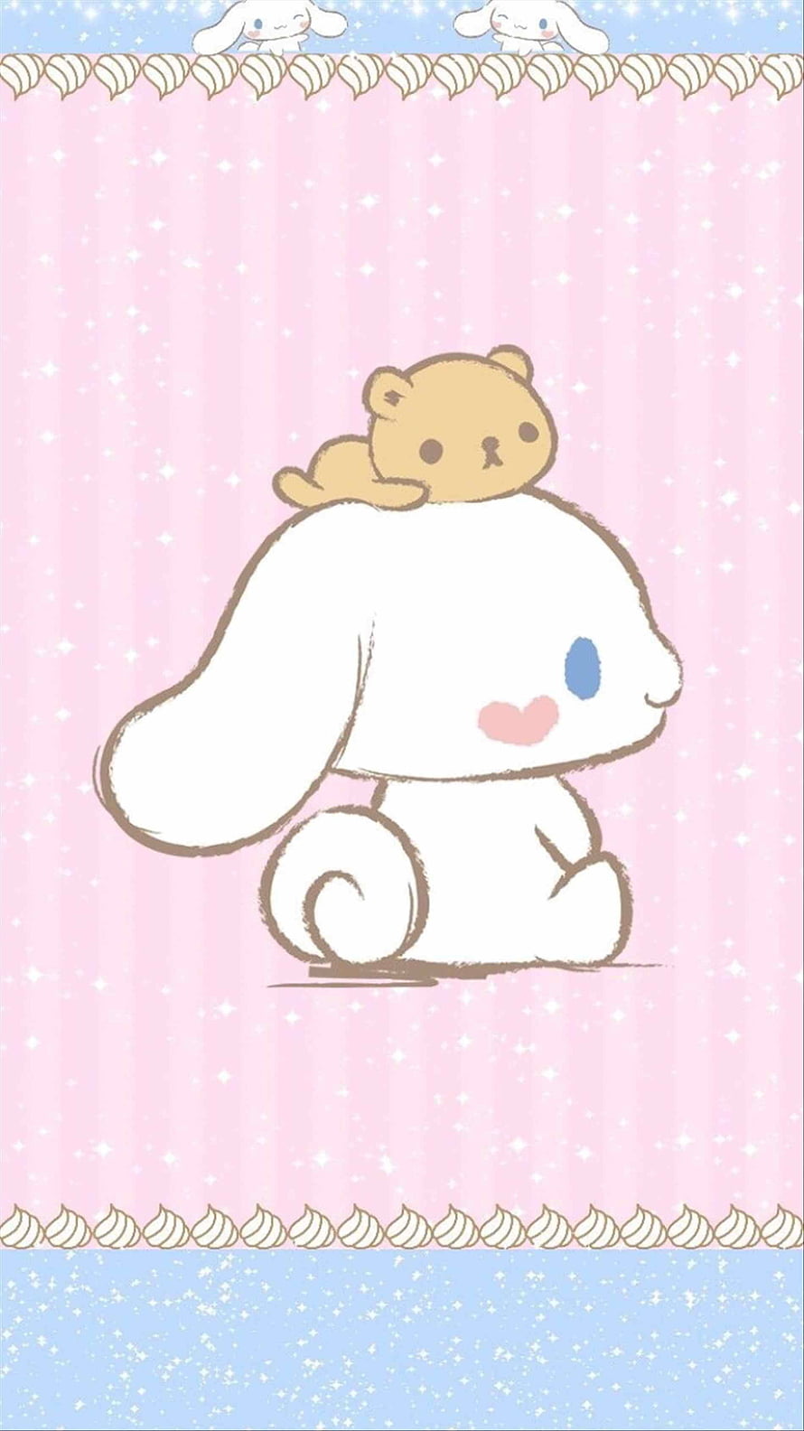 Cinnamoroll with a small bear on its head in a soft pastel pink and blue kawaii illustration HD phone wallpaper