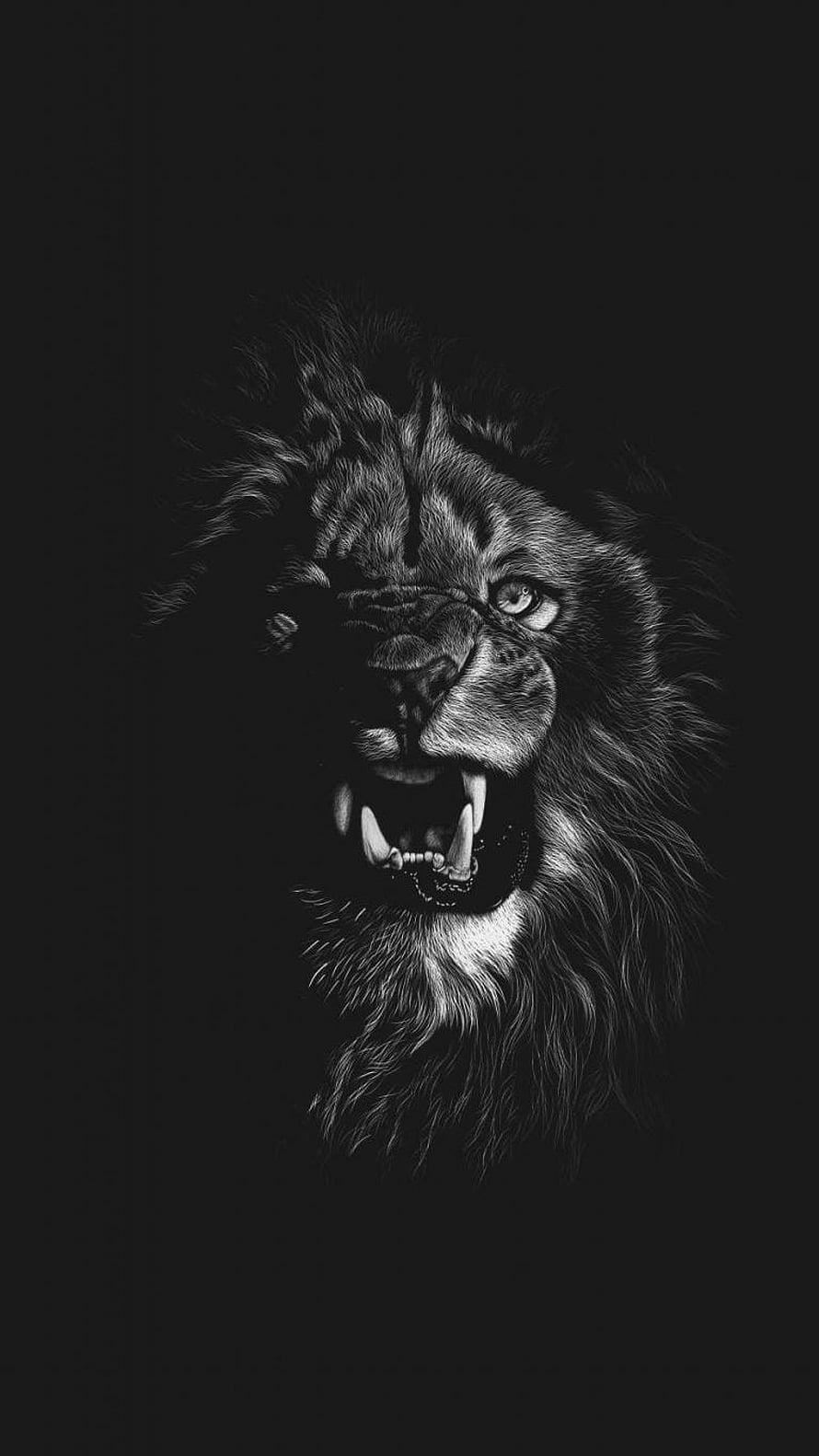 Fierce Black Lion Roaring in Monochrome with Intense Blue Eyes HD phone wallpaper