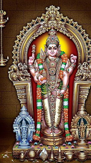 Thiruchendur Murugan deity statue in ornate golden temple arch with traditional offerings and ritual items HD phone wallpaper