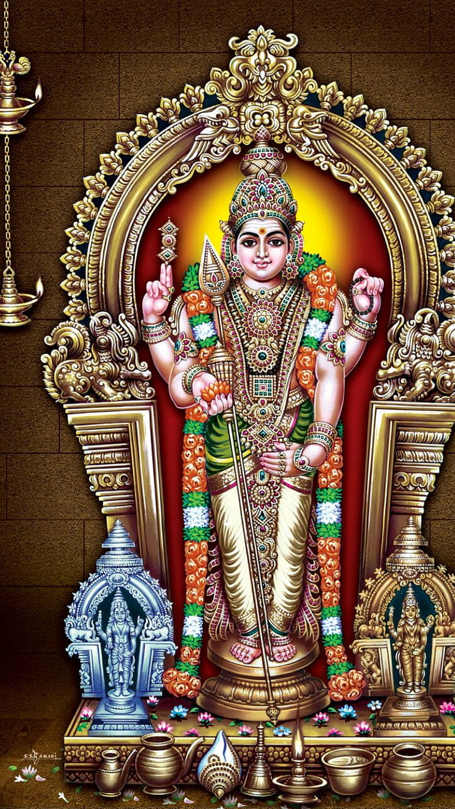 Thiruchendur Murugan deity statue in ornate golden temple arch with traditional offerings and ritual items HD phone wallpaper