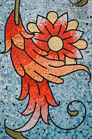 Vibrant Red Flower Mosaic Artwork with Blue Tiled Background and Organic Patterns HD phone wallpaper