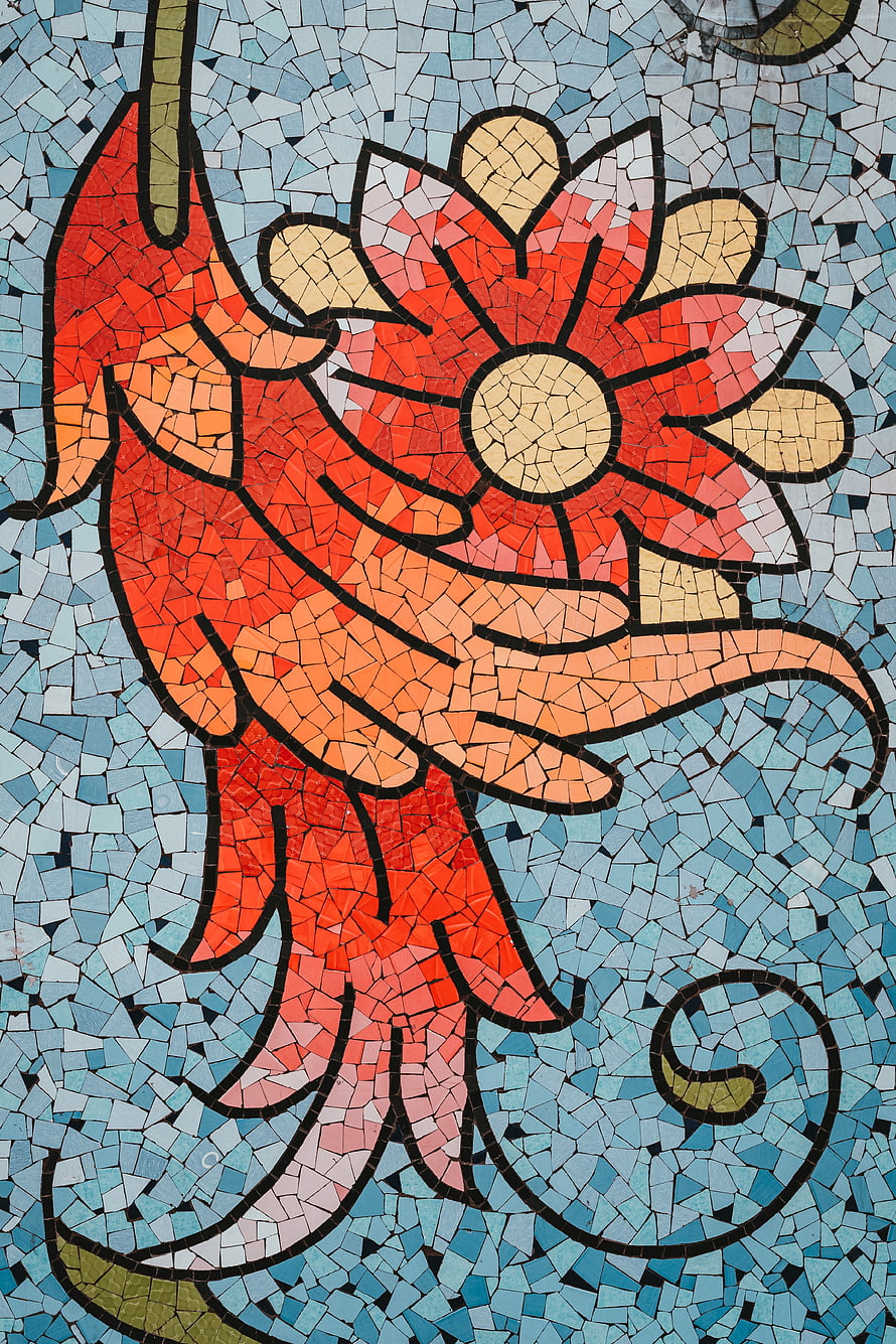 Vibrant Red Flower Mosaic Artwork with Blue Tiled Background and Organic Patterns HD phone wallpaper