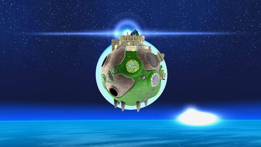 Super Mario Galaxy Floating Planet with Castle and Starry Sky HD wallpaper