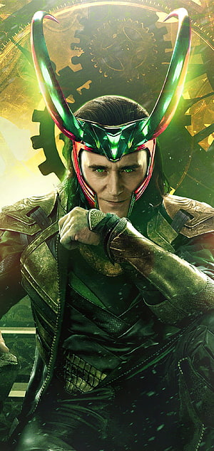 Loki in Green Horned Helmet with Glowing Eyes and Golden Gear Background HD phone wallpaper