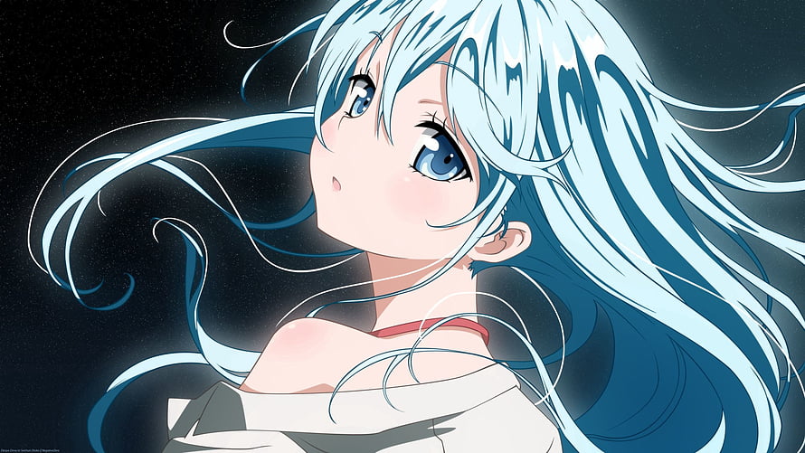 Anime Girl With Flowing Silver Hair And Blue Eyes Against A Dark Starry Background HD wallpaper