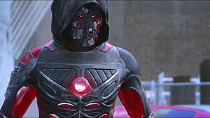 Ra.One Villain Character in Black Hooded Suit with Glowing Red Eyes and Chest Core HD wallpaper