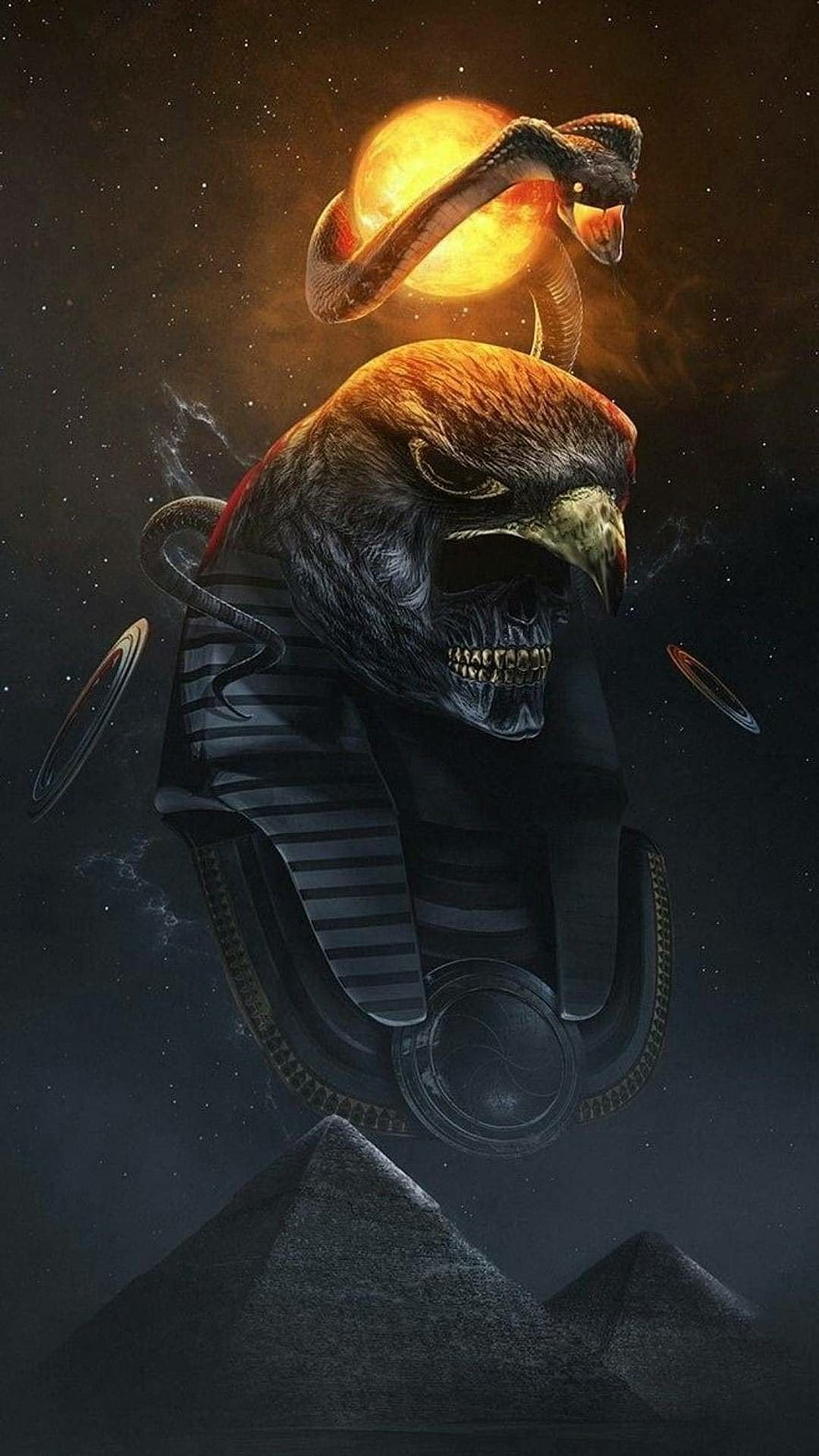 Dark Egyptian Pharaoh Skull with Falcon Head and Cobra in Cosmic Space HD phone wallpaper
