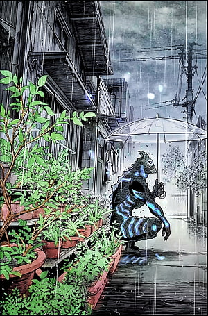 Kaiju No. 8 manga illustration of a crouching monster holding an umbrella in a rainy Japanese alley HD phone wallpaper