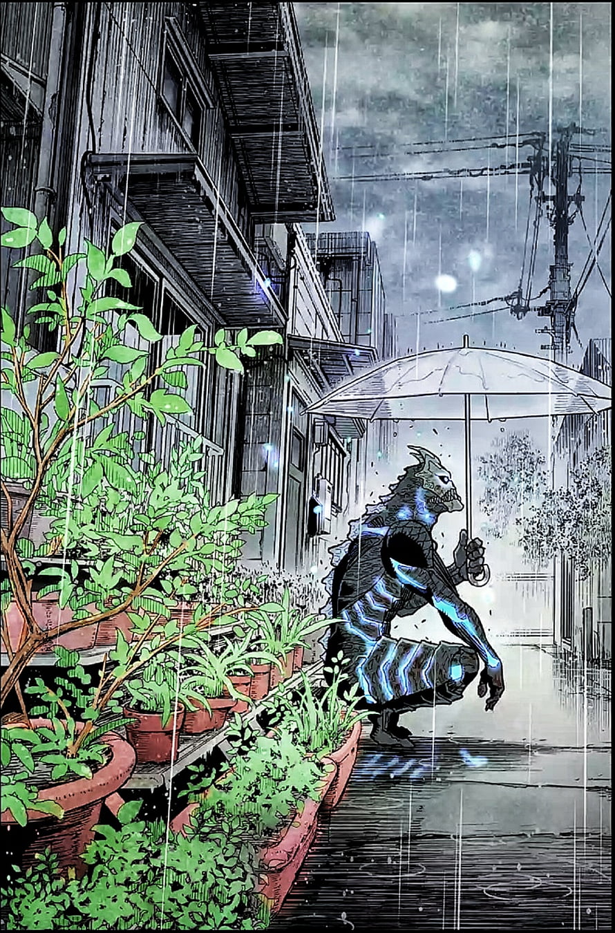 Kaiju No. 8 manga illustration of a crouching monster holding an umbrella in a rainy Japanese alley HD phone wallpaper