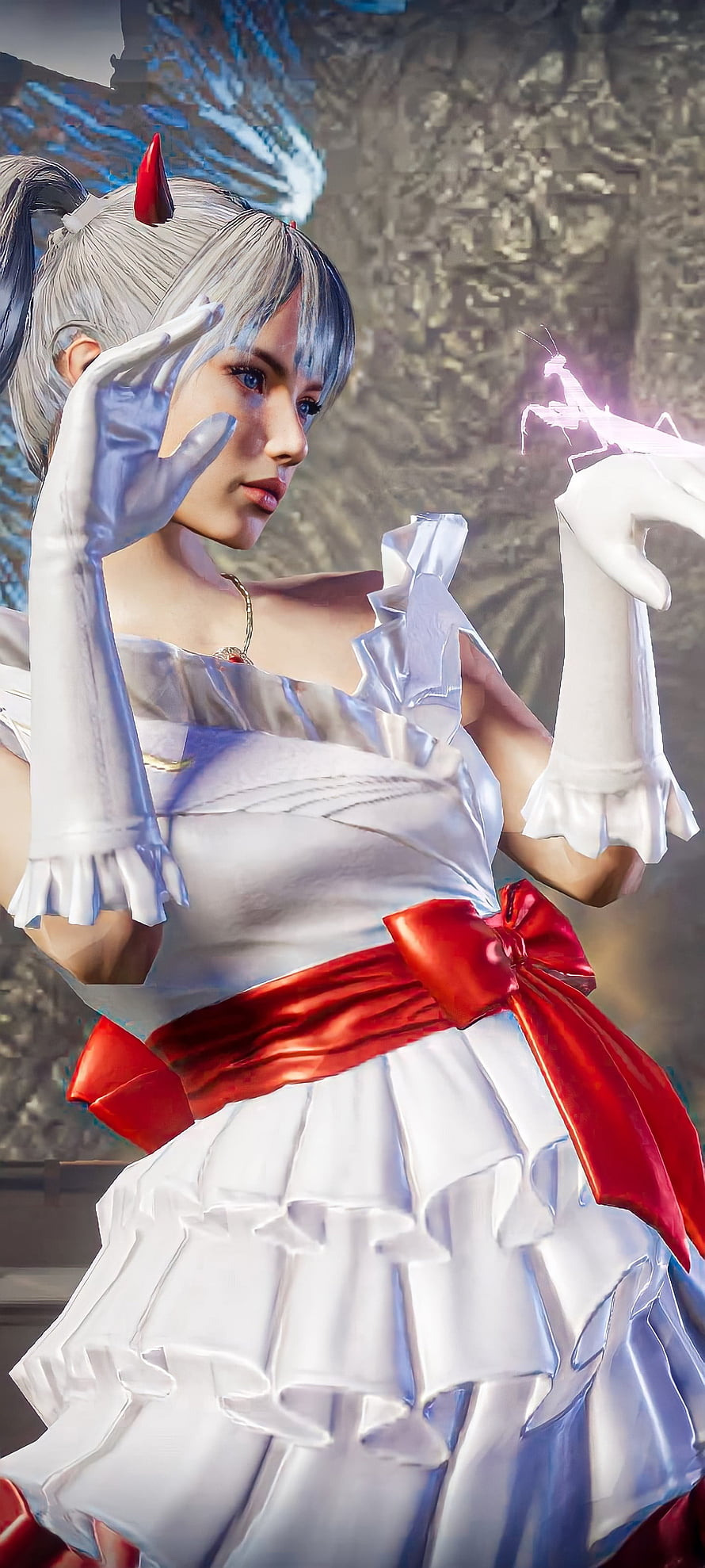 PUBG Mobile Female Character in White Dress with Red Ribbon and Glowing Insect HD phone wallpaper