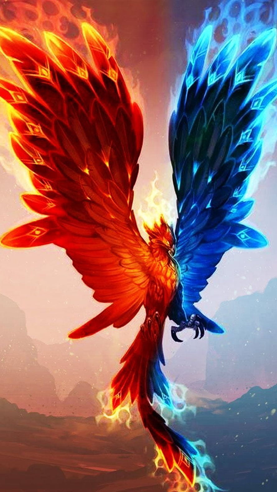 Dual Element Phoenix with Fire and Ice Wings in Fantasy Art HD phone wallpaper