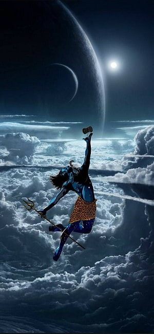 Lord Shiva Cosmic Dance Above Clouds with Trishula and Crescent Moon HD phone wallpaper