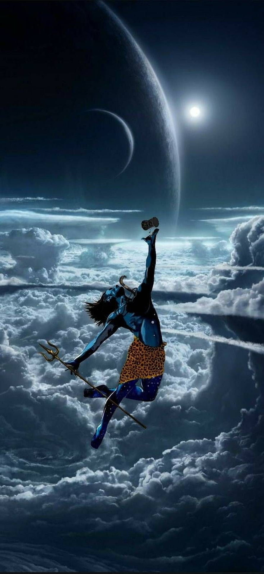 Lord Shiva Cosmic Dance Above Clouds with Trishula and Crescent Moon HD phone wallpaper