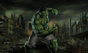 Hulk Roaring in a Destroyed Cityscape Amidst Rubble and Dark Skies HD wallpaper