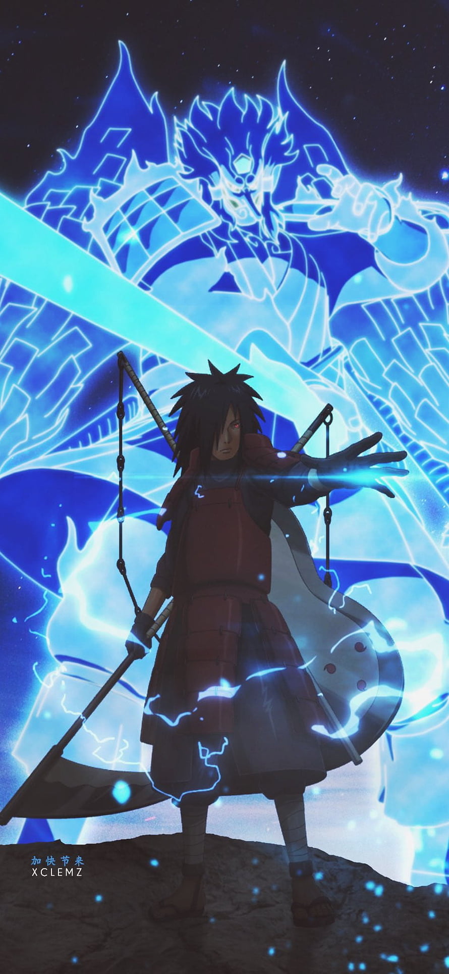 Madara Uchiha Channeling Susanoo with Blue Chakra Energy in Anime Style HD phone wallpaper