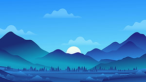 Minimalist Blue Mountain Landscape with Sunrise and Pine Forest Silhouette HD wallpaper