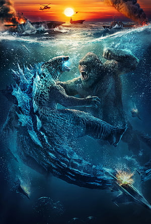 Godzilla and Kong battling underwater with naval fleet at sunset HD phone wallpaper