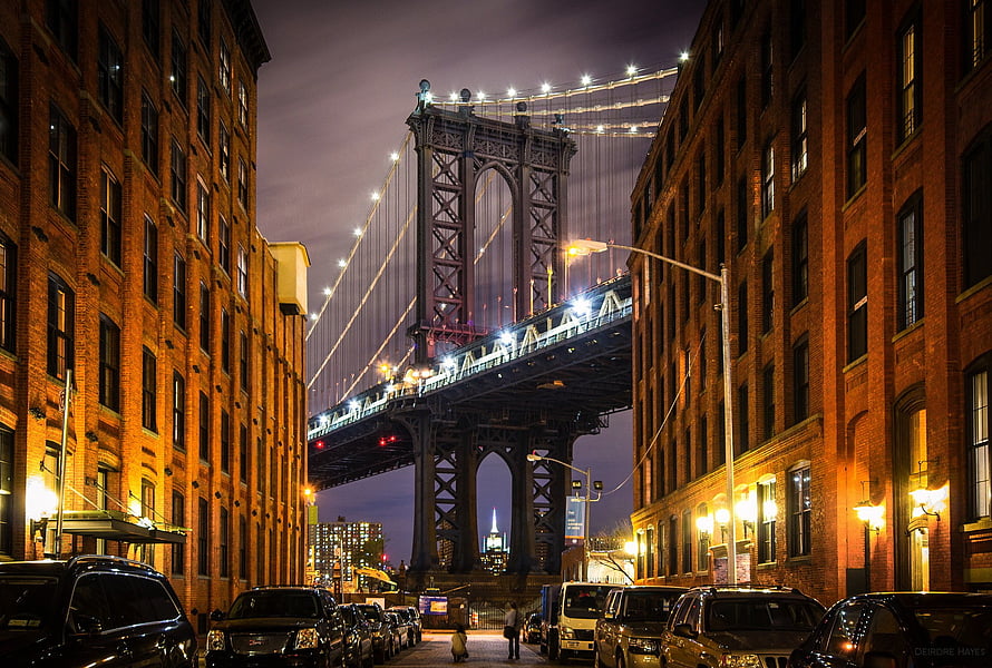 Manhattan Bridge at Night Viewed from Dumbo Street in Brooklyn New York HD wallpaper
