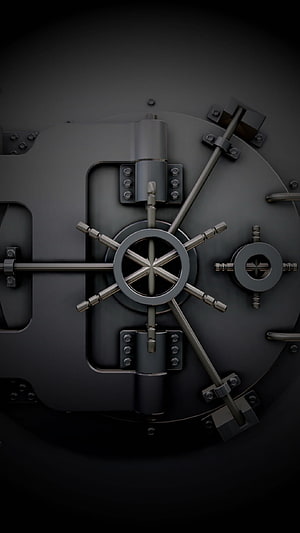 Dark Industrial Vault Door with Heavy Steel Wheel and Mechanical Bolts HD phone wallpaper